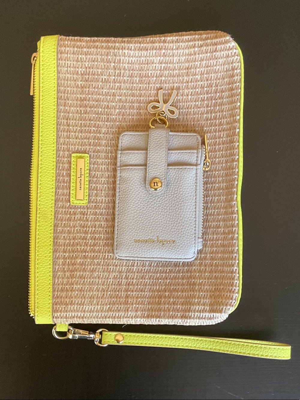 Nanette Lepore Straw Wristlet with Neon Yellow Trim and Pale Gray Cardholder